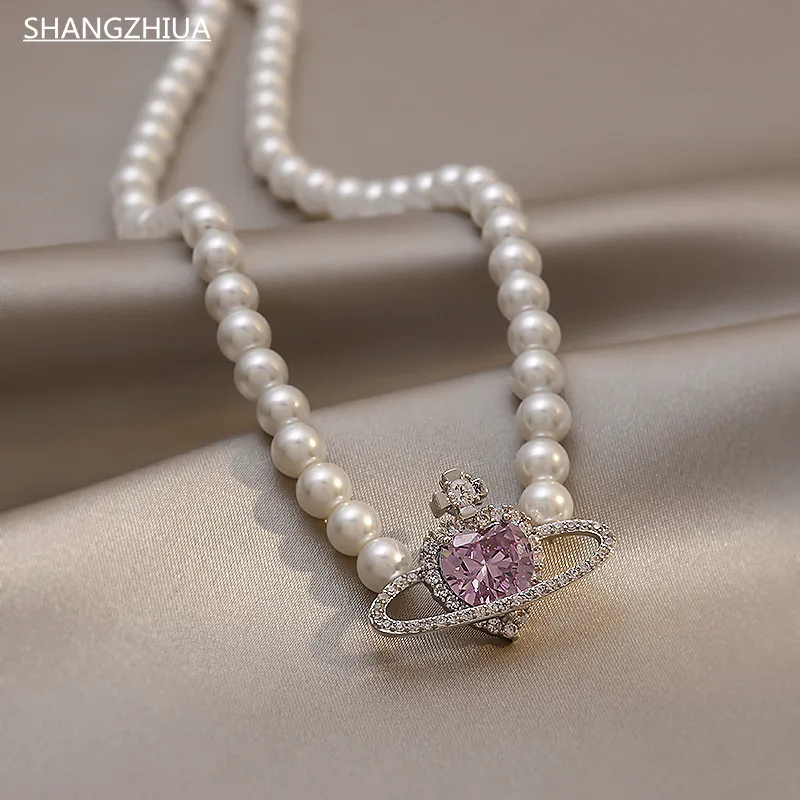 

SHANGZHIHUA Korean Fashion Purple Heart Crystal Stud Necklace For Women Elegant Planet Rhinestone Pendant Jewelry Gifts