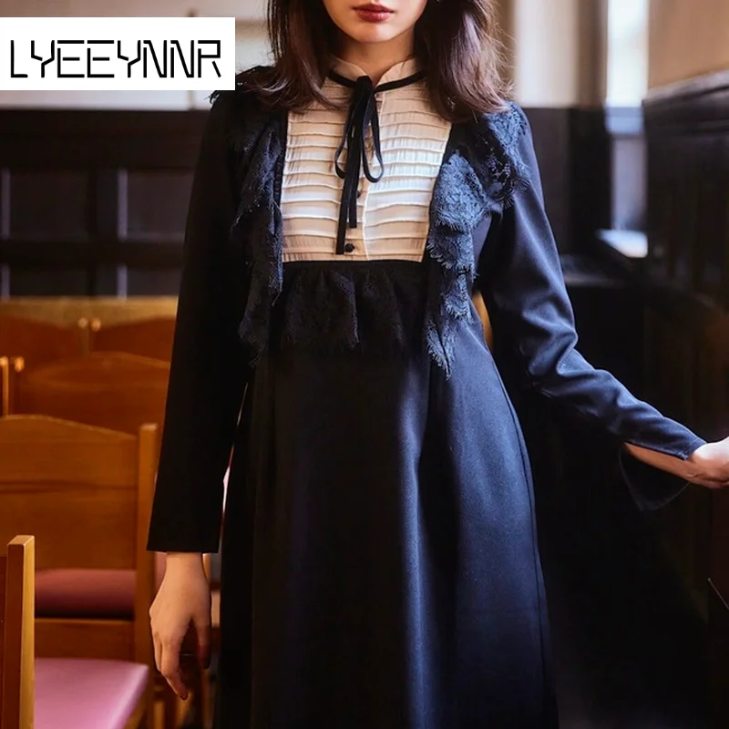 

Lace Patchwork Bandage Elegant Dress Women Japan Style Stand Collar Long Sleeve Gentle Dresses New Arrival Button Up Robe Femme