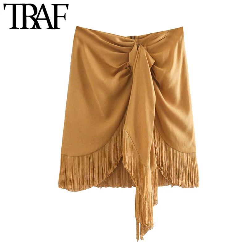 Женская винтажная мини юбка TRAF с кисточками и узлом высокой талией на молнии