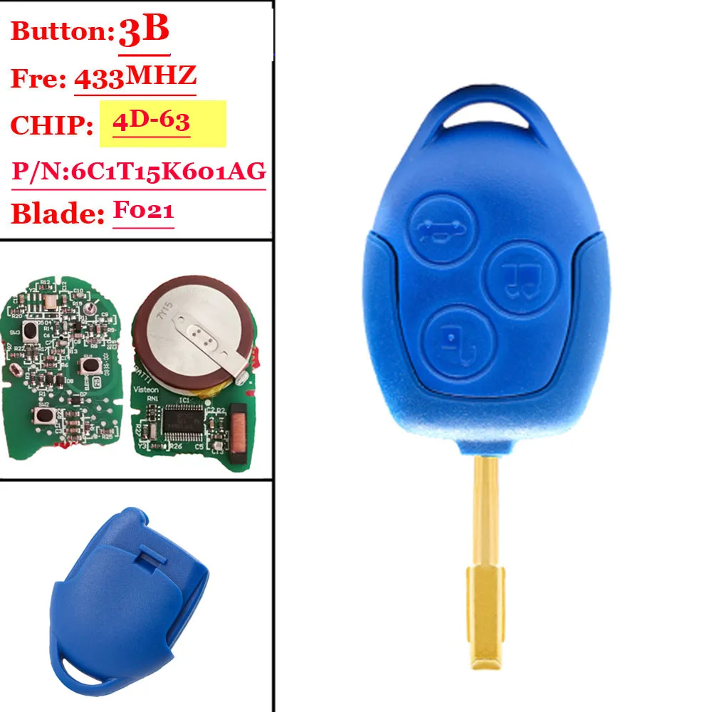 3 кнопочный чип 433 МГц 4d 63 с аварийной вставкой лезвие P/N:6C1T15K601AGCar Key Fob для Ford Transit WM