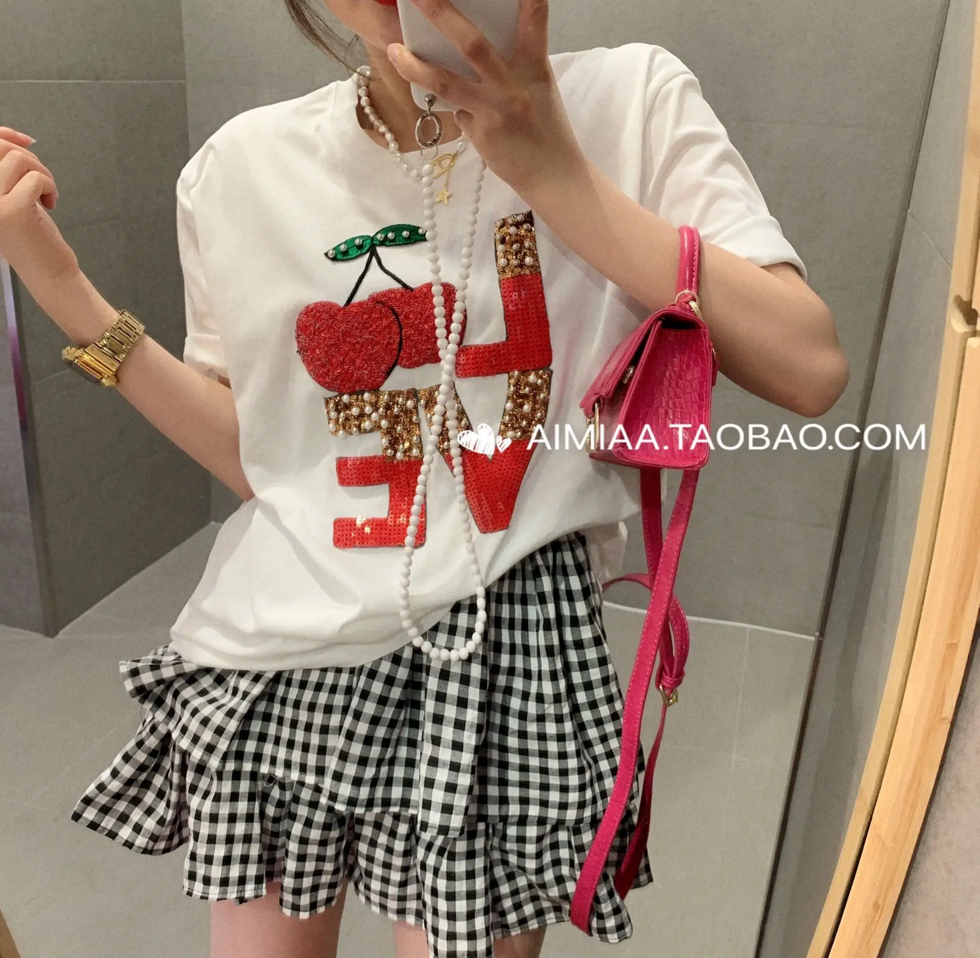 

2021 Summer New Casual Women Beaded Sequined All-Matching T-shirt Lady Fashion Embroidered Letter Short-Sleeved Top