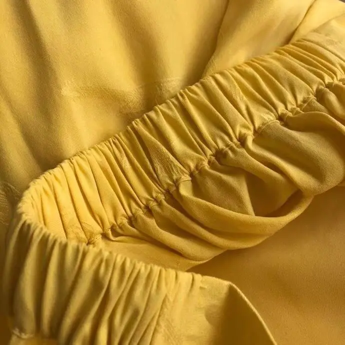 

2021 SS Yellow Color Women's Silk Skirt Jacquard Printing Asymmetric Midi Skirt Lace Embroidered Hem