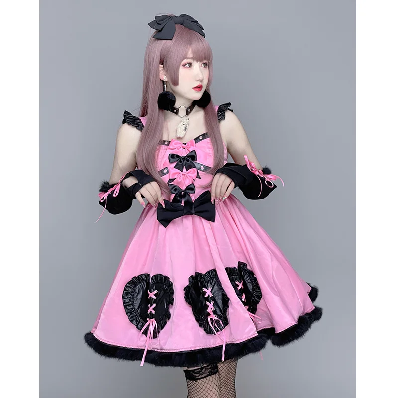 

Платье принцессы в стиле Харадзюку, модное приталенное милое платье принцессы с розовым бантом, на бретельках, в стиле "Лолита", милый наряд, ...