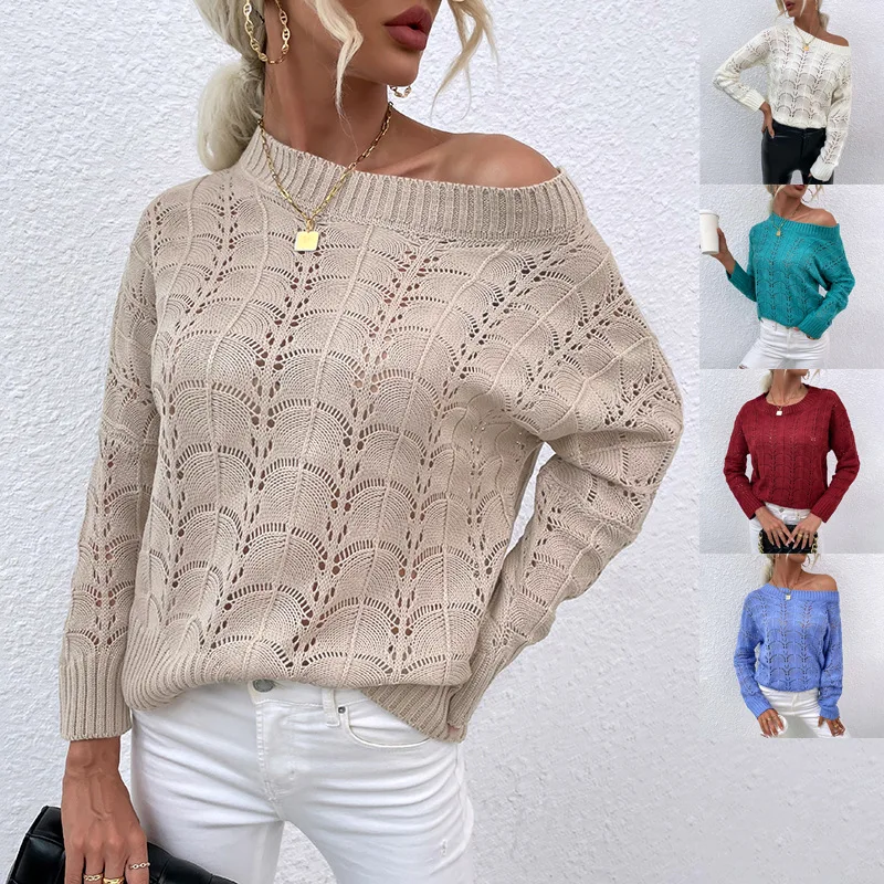 

Donsignet Fashion Women Sweater New Casual Hot Sale Round Neck Pullover Solid Color Strapless Hollow Bat Sleeve Knitted Sweater