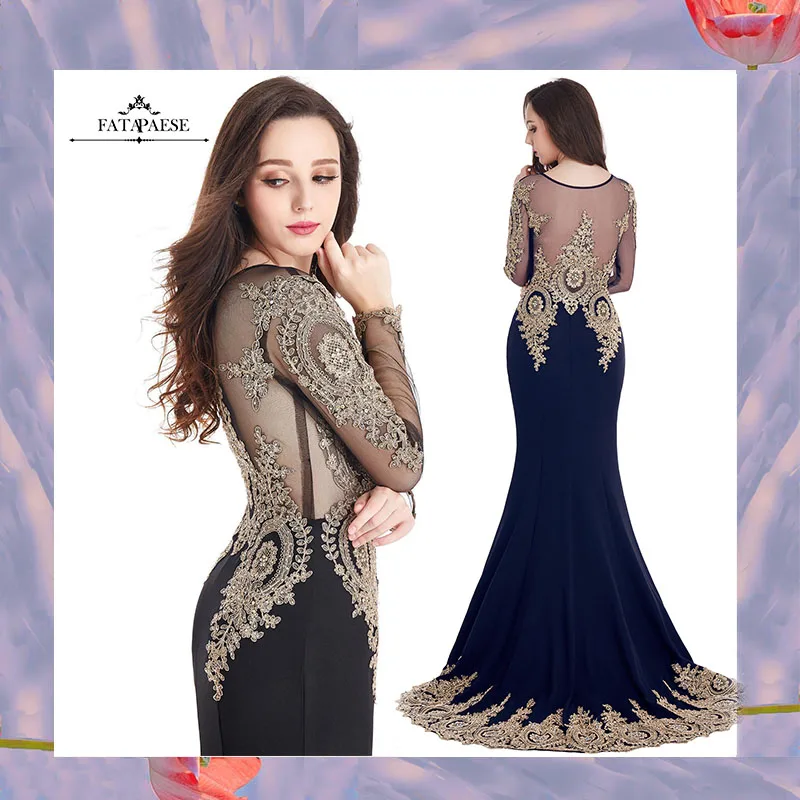 Сексуальные черные платья с О образным вырезом в стиле Русалки Вечерние золотым