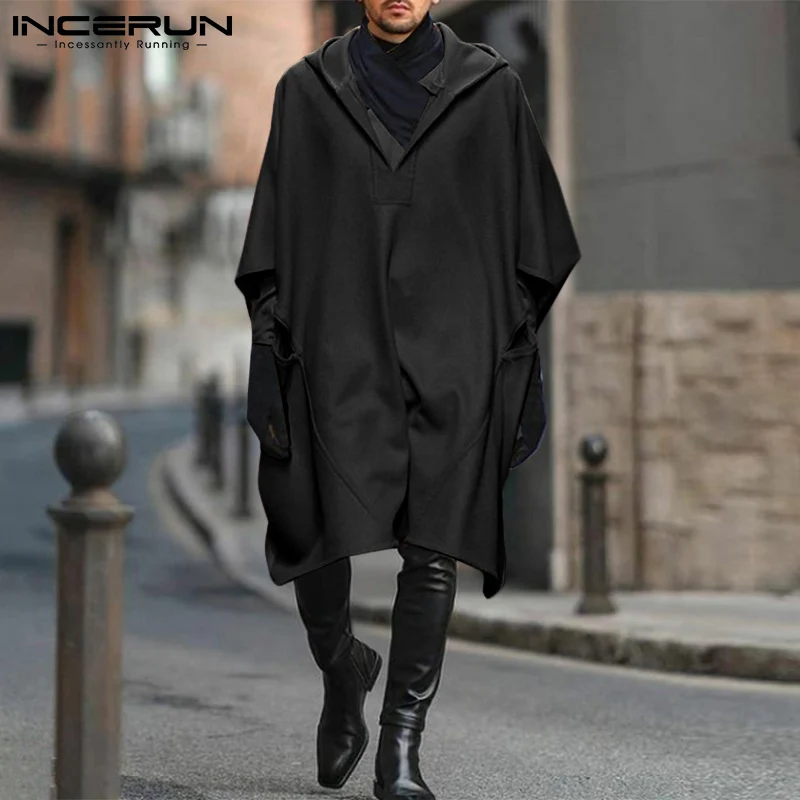 

Men Cloak Coats Streetwear Hooded Solid Color Faux Wool Blends Loose Irregular Trench Cape 2022 Casual Men Ponchos S-5XL INCERUN