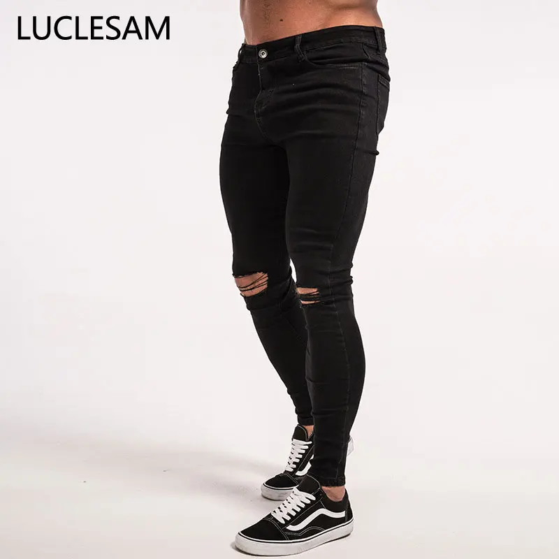 Джинсы мужские Стрейчевые зауженные рваные брюки карандаш повседневные