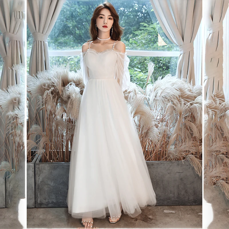 

White Simple Boat Neck Evening Dress Elegant A-Line Zipper Back Floor-Length Lace Full Sleeves New Woman Formal Party Gowns A723