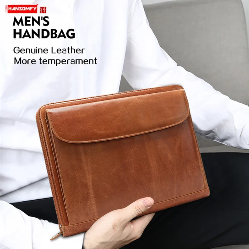 2019 New Genuine Leather Men Handbag A4 Business Briefcase File Bag Male 13.3 Inch Computer Bag Cowhide Envelope Bags Brown Big