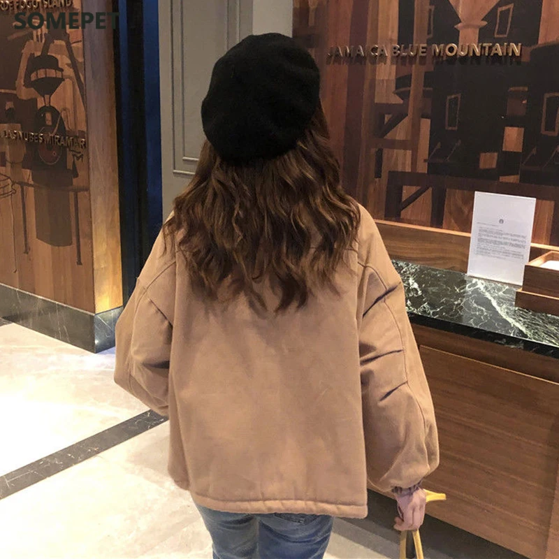 Autumn Winter Warm Plush Jackets Women Korean Style Hairy Stand-up Collar Parkas Female Casual All-match Thick Overcoat