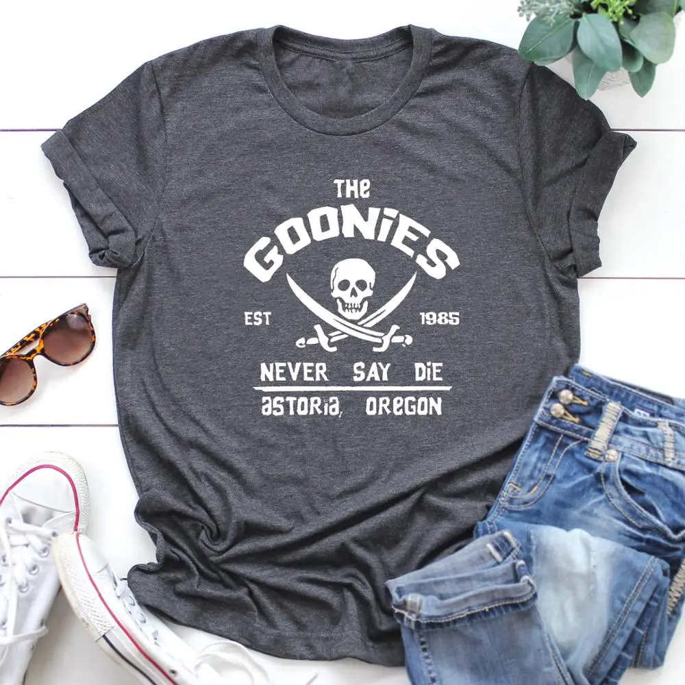 

Lovessales Womens Gothic skull The Goonies Never Say Die Graphic O Neck Short Sleeve 100% Cotton T-shirt