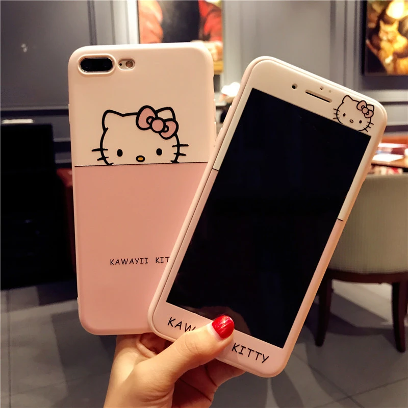 360 Мягкая задняя крышка с милым мультяшным котом Китти для iPhone XR Caase XS Max X 8 7 6 6s Plus чехол для телефона+ Защитная пленка из закаленного стекла