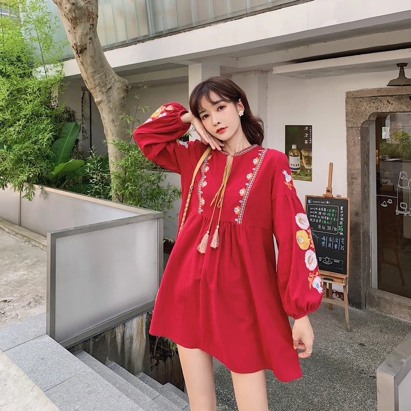 

Autumn 2020 Women's Dress Retro National Style Cotton Hemp Embroidered Red Long-sleeved Dress