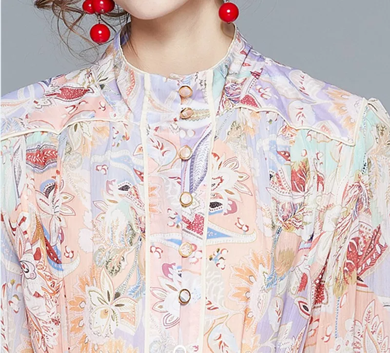 

2020 autumn winter Fashion Dress Women Lantern Sleeve stand Neck Sashes Single Breasted Long Dress Flower Print Dress