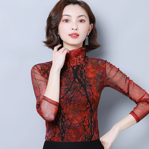 2020 Spring Autumn Elastic Fine Printing Woman Shirt High Collar Long Sleeve Xxxl Female Fashion Temperament Bottoming Shirts |