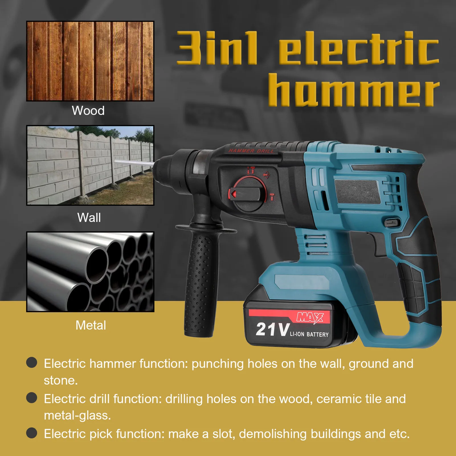 

Multifunctional Rotary Hammer Electric Demolition Hammer Impact Drill Punch Power Tools Electric Hammer Drill