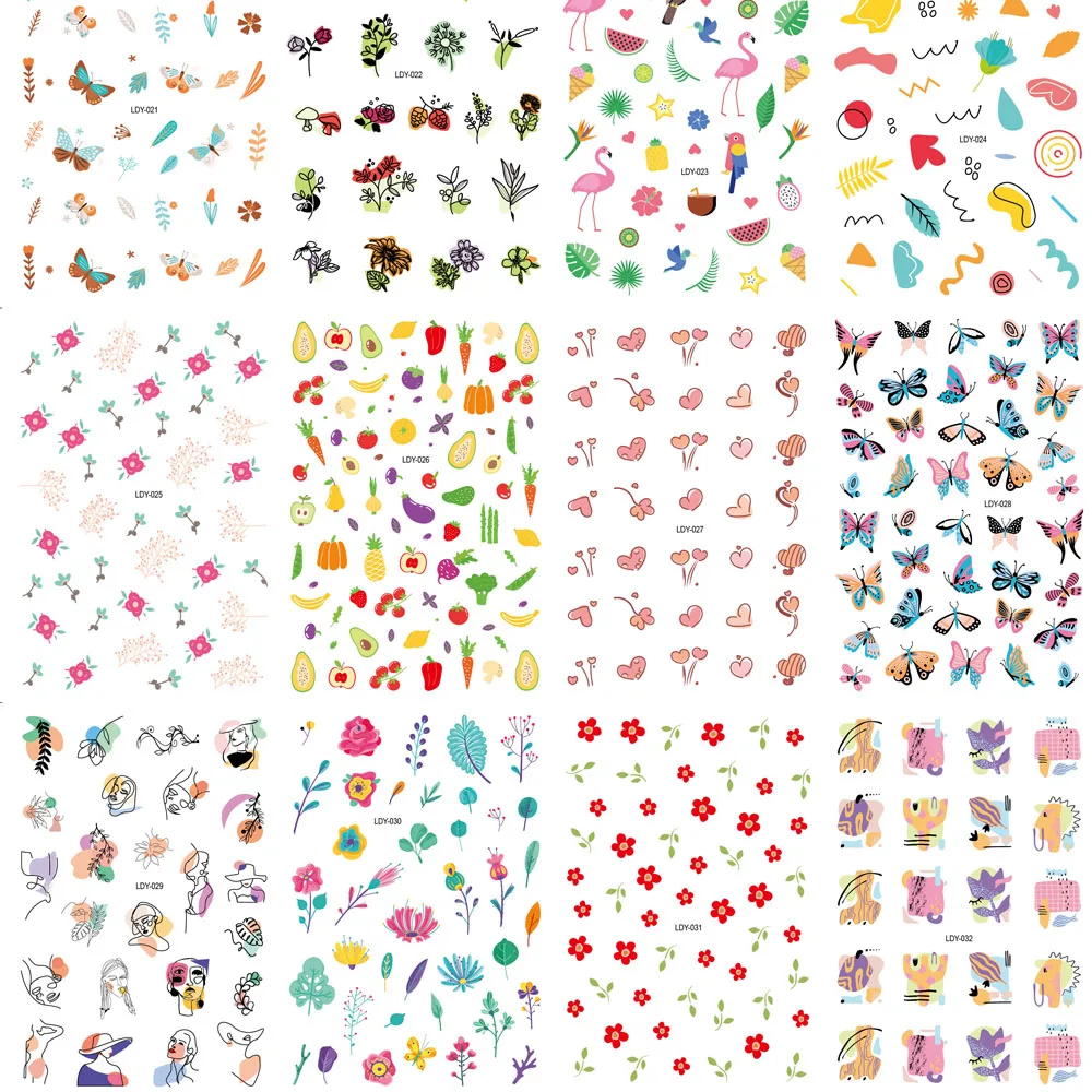 16pcs/Set Nail Art Sticker Abstract Line Face/Butterfly/Fruit/Flower Designs Sliders Manicure Self Adhesive Nail Decals VB-04