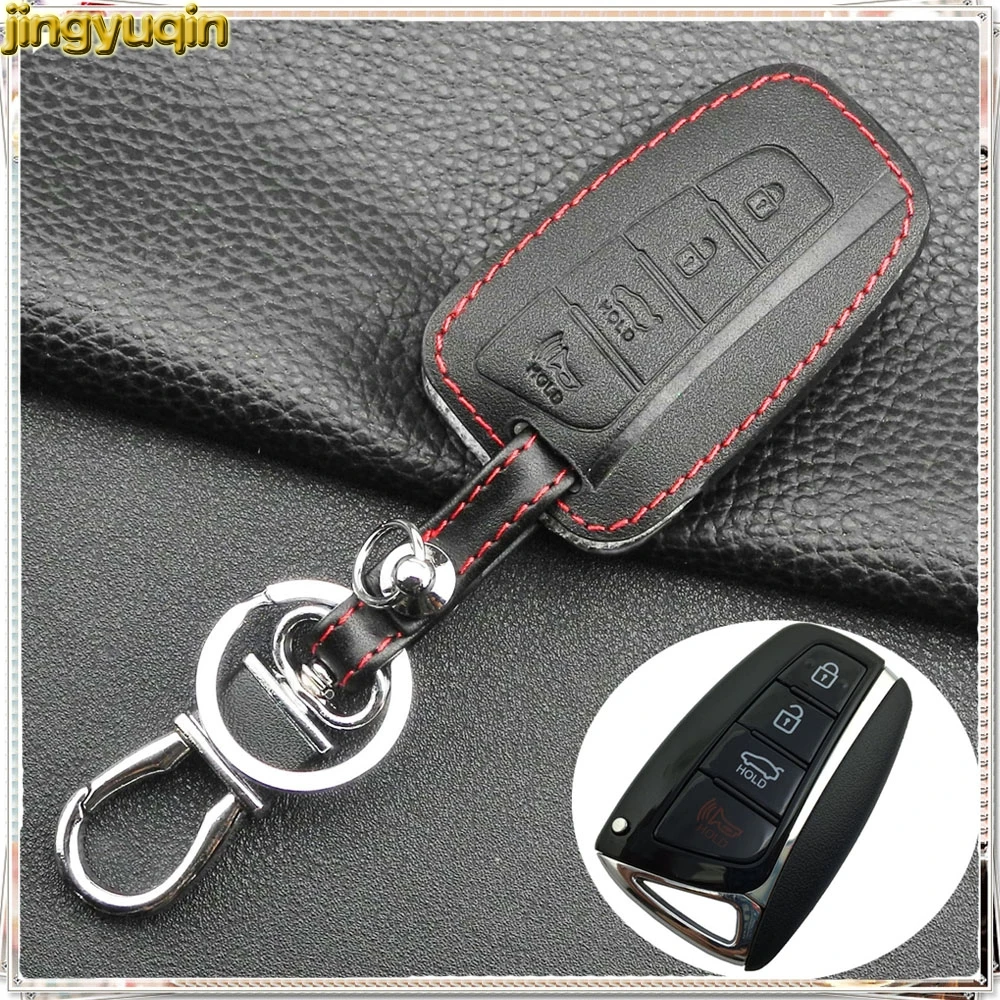 Jingyuqin 4 Buttons Leather Smart Car Key Case Cover Holder for Hyundai Genesis 2013 2015 Santa Fe Equus Azera Remote Keychain|Футляр для