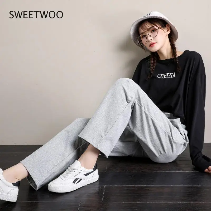 Sports Casual Pants Autumn Women Running Loose Straight Trousers High Waist Solid Color Wide-Leg Cotton Pants