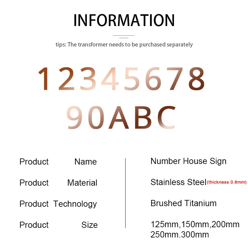 

Red bronze Color White Light Metal 3D Led Modern House Number Sign Ourdoor Waterproof Home Hotel Lettre Name Plates