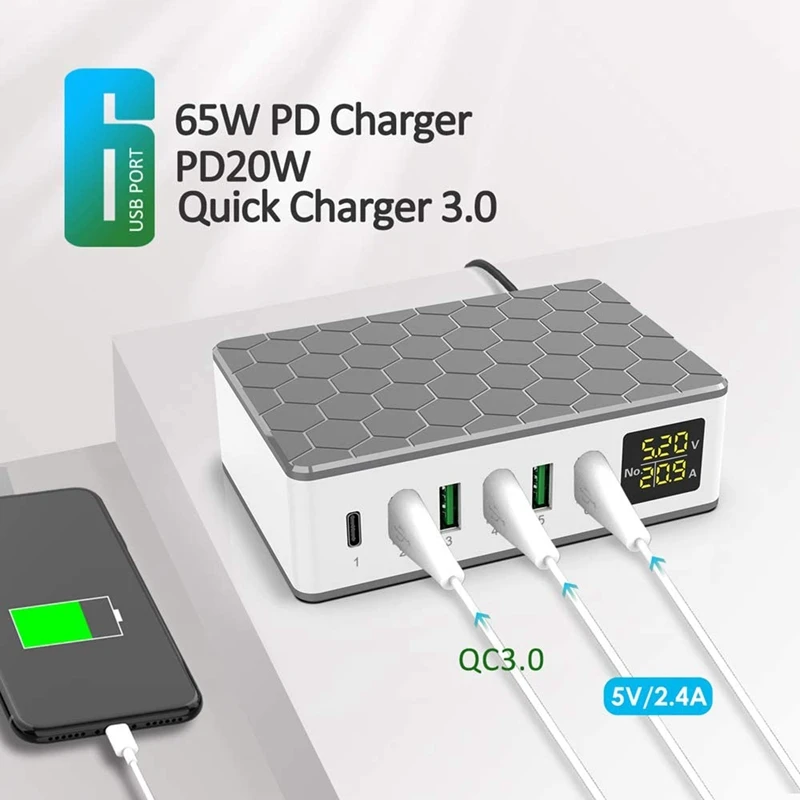 

Multiple Port USB Charging Station Charger with 20W PD 2.0 Type-C USB Charger+QC3.0 Fast Charger,6-Port Charger,EU Plug