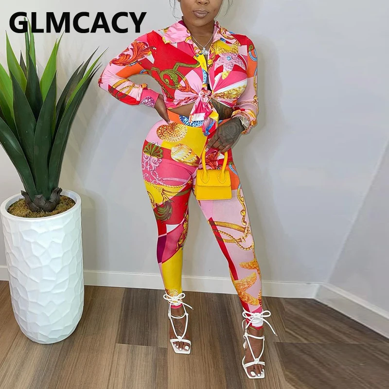 

Two Piece Elegant Suits Long Sleeve Button Down Shirt Blouse & Slim Pants Set