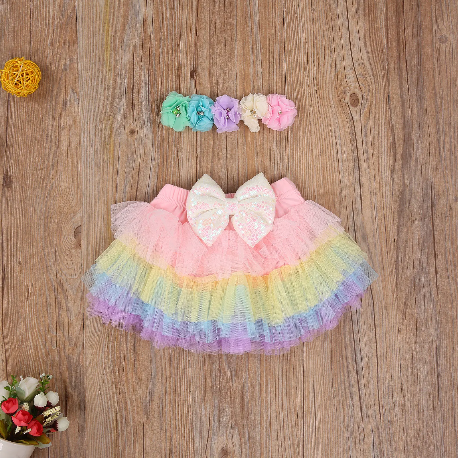 

Infant Baby Girls Tutu Skirt+Headband 2pcs Colorful Sequin Bowknot Mesh Layer Lace Tutu Skirts Outfit Sets