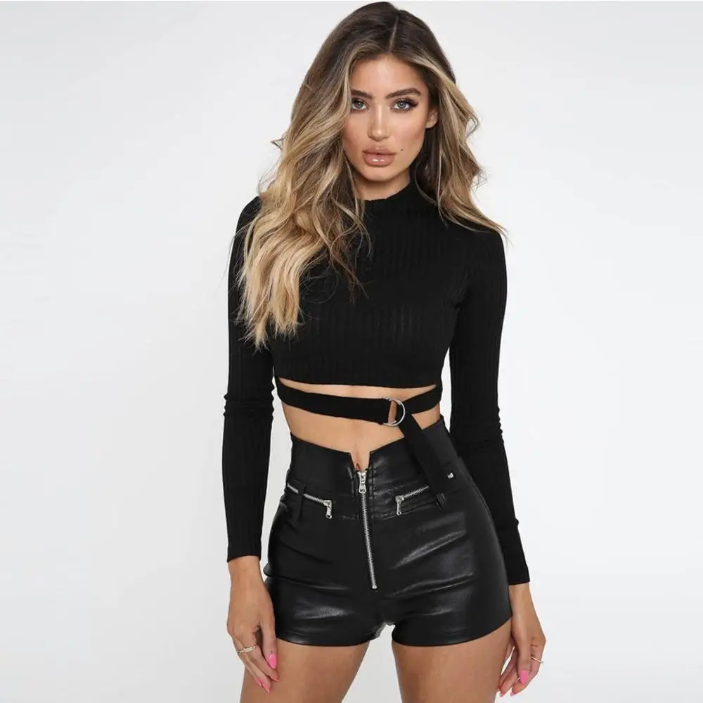 

Sexy Umbilical Long-Sleeved Strap Short Sweater Autumn And Winter Shirt Black Red Gray Sweater Tops