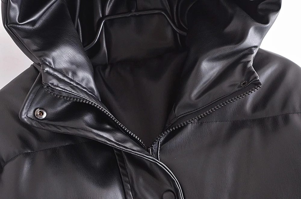 Зимняя женская теплая парка из искусственной кожи с капюшоном повседневная