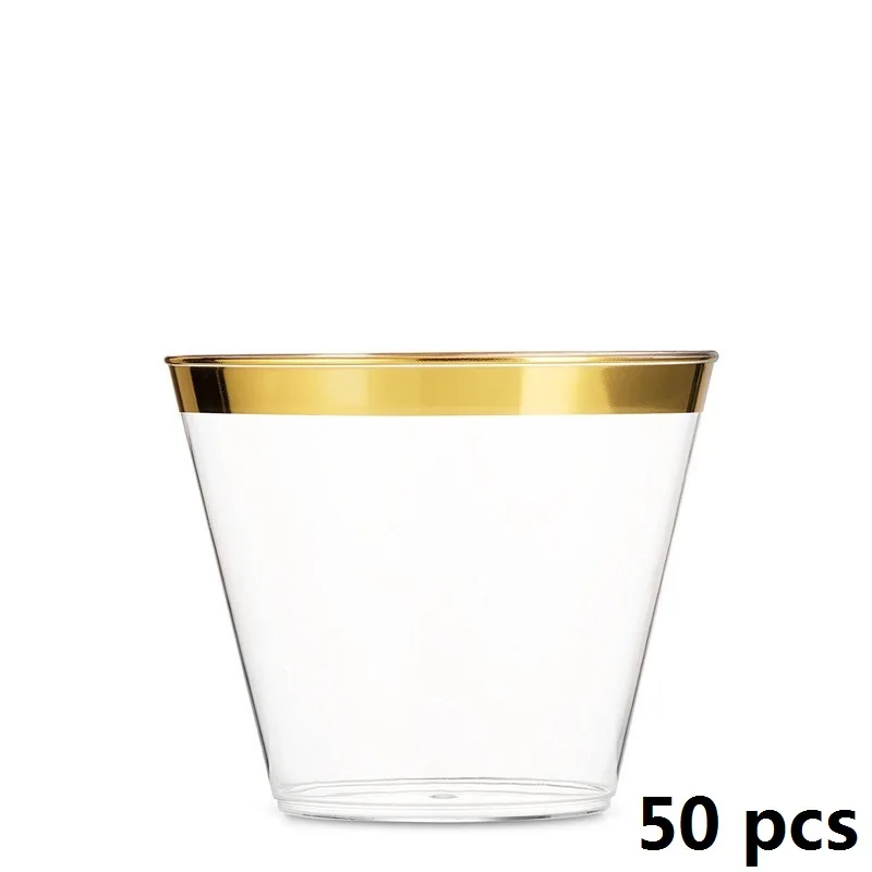 Gold 50pcs 25 шт/50 шт, розовое золото, пластиковые стаканы, одноразовые стаканы, золотые стаканы, свадебные, вечерние, декоративные, прозрачные, золотые стаканы для напитков, 9 унций - Цвет: Gold 50pcs