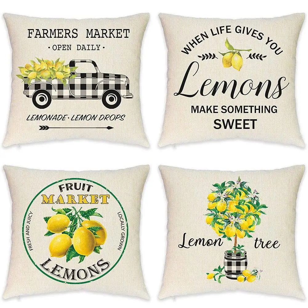 

1pcs Lemon Truck Home Love Linen Cushion Cover Black & White Plaid Pillowcase Home Decorative Pillows Cover For Sofa 45X45cm