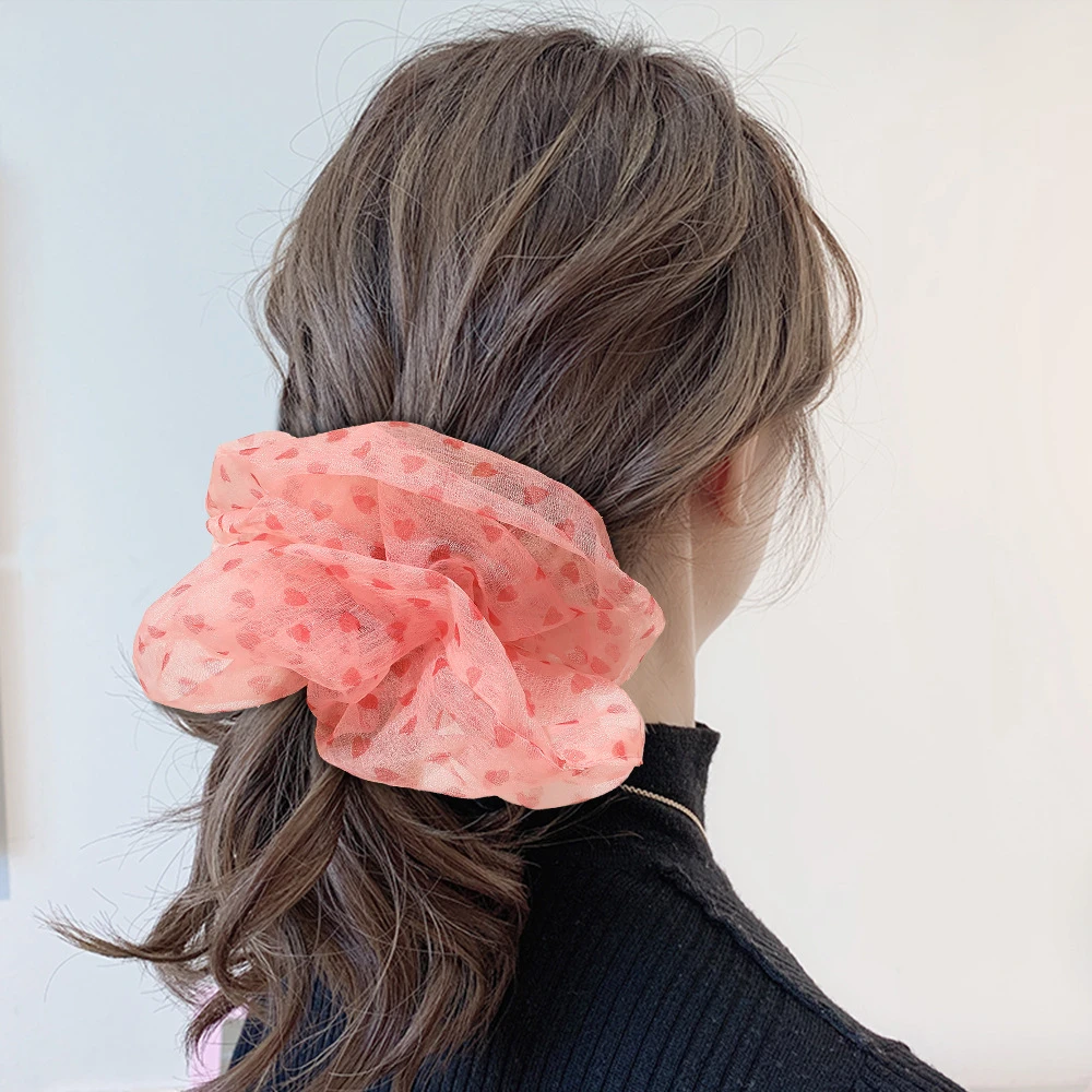 Ins Oversized Organza Scrunchies Women Heart Scrunchie Elastic Hair Bands Girls Headwear Rubber Ties Big Ponytail Holder |
