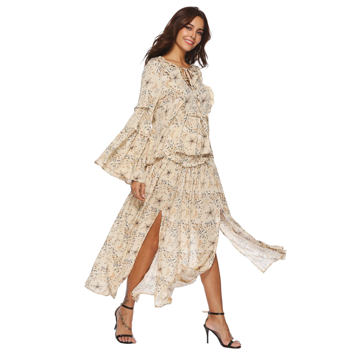 Boho пляжный комплект из 2 предметов платье вискоза цветочный принт галстук v