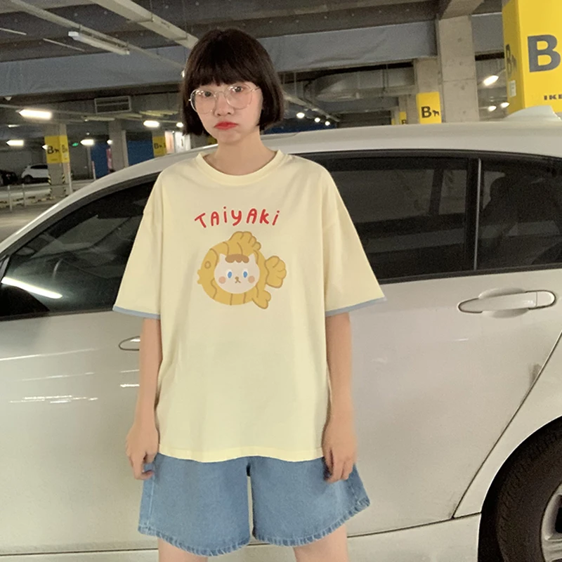 

Summer New Arrivals Women T-shirt Cartoon TAIYAKI Letters Printed Short Sleeve O Neck Ladies Loose Tee Tops Cotton