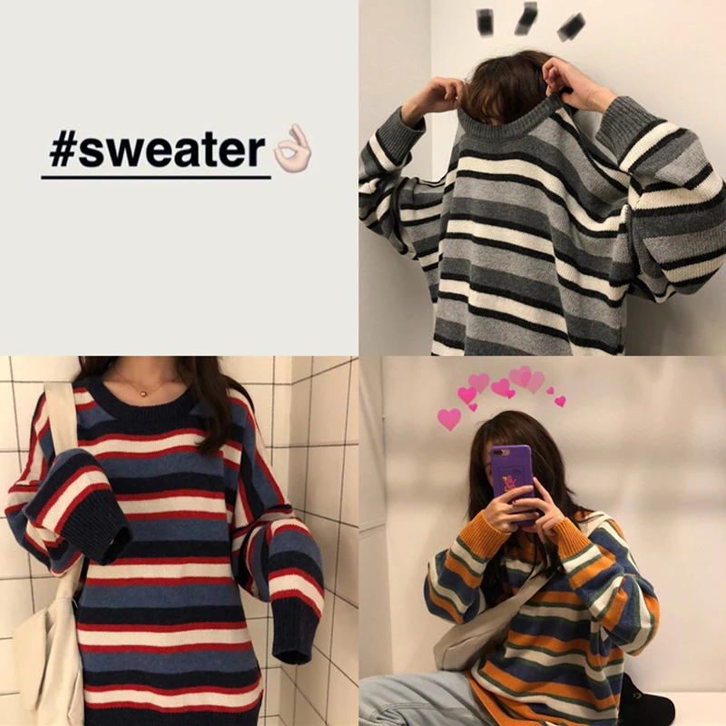 Lazy Wind Female Striped Sweater Coat Autumn Winter New Korean Version Ins Super Fire Loose Bf Contrast Color | Женская одежда
