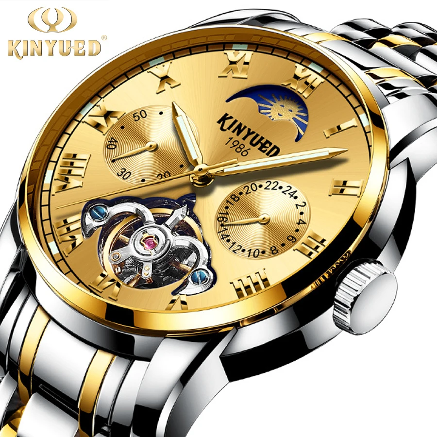 

Fashion Mens Watches KINYUED Top Brand Luxury Tourbillon Waterproof Automatic Mechanical Watch Mens Stainless Steel Sport Watch