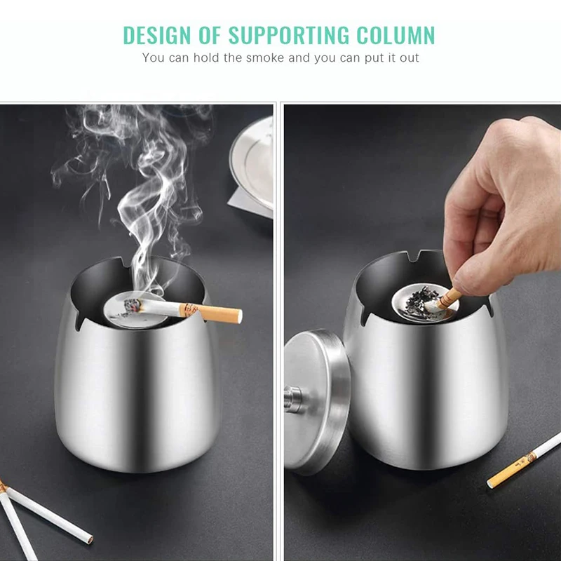 

LBER 8*8cm Ashtray Stainless Steel With Lid Heavy Ashtray Storm-Wind Non-Slip Base For Outside And Inside Silver
