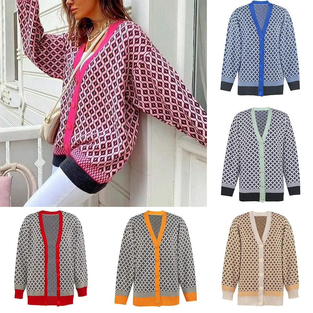 

Women‘s Sweater Loose Cardigan Matching Diamond Lattice Knitted Sweater Single Breasted Coat Female Autum Winter Warmer Clothes