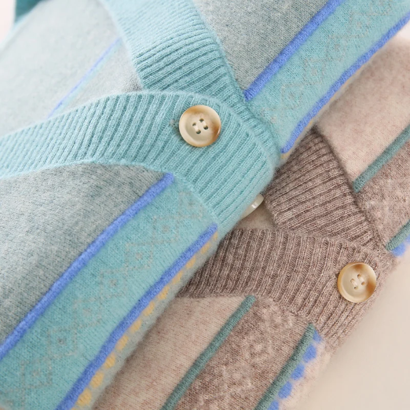 

2020 Spring New Fresh Color Women 100% Fine Wool V-neck Striped Cardigan Patchwork Sweater Merino Wool Jumper Cute Knit Jacket
