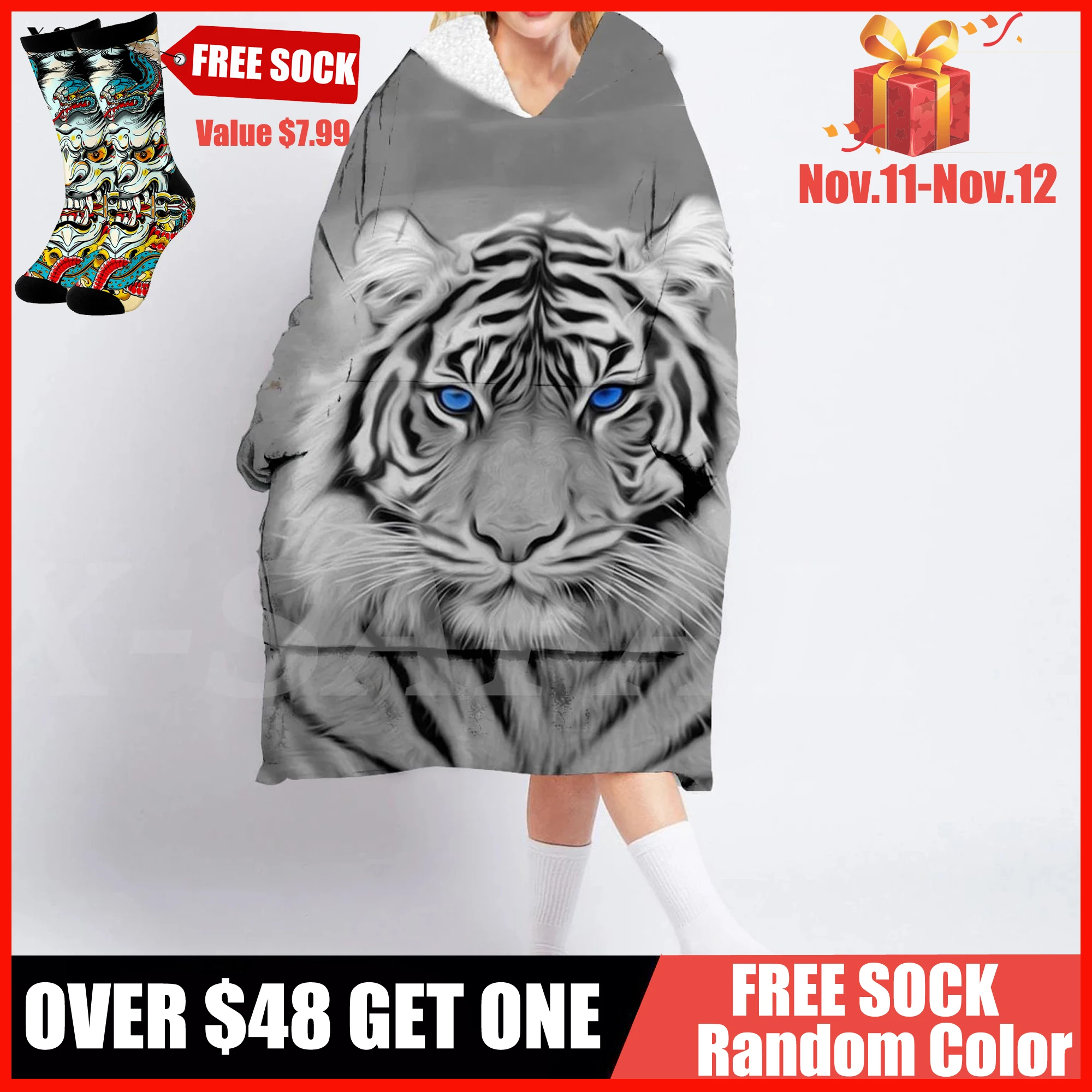 Tiger King 3D Printed Oversized Hooded Wearable Blanket Hoodie Robes Sherpa Large Pocket Female Man Sleepwear Nightdress Pajamas