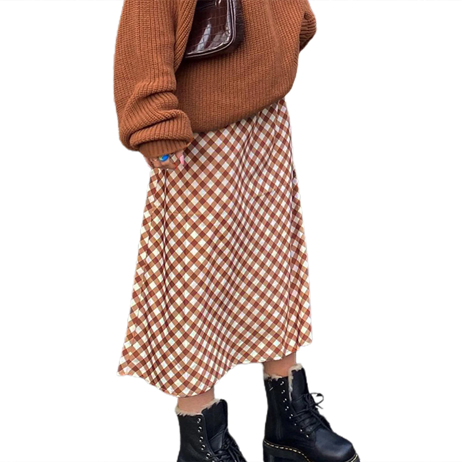 

2021 Summer Women's A-Line Midi Skirts, Casual High Waist Plaid Print Loose Fit Street Long Skirts