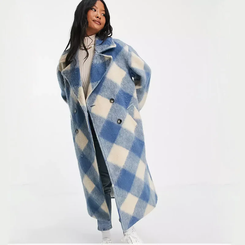 

Uniera 2021 Za women's autumn half open lapel collar fashion versatile blue long Plaid women's wrap coat trend