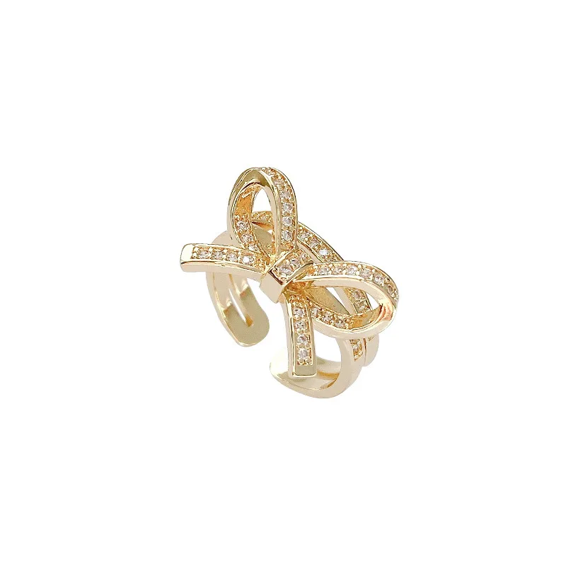 

2021 Trendy Micro-inlaid Zircon Bow Knot Opening Ring Luxury Temperament Index Finger Rings for Women Female Jewelry