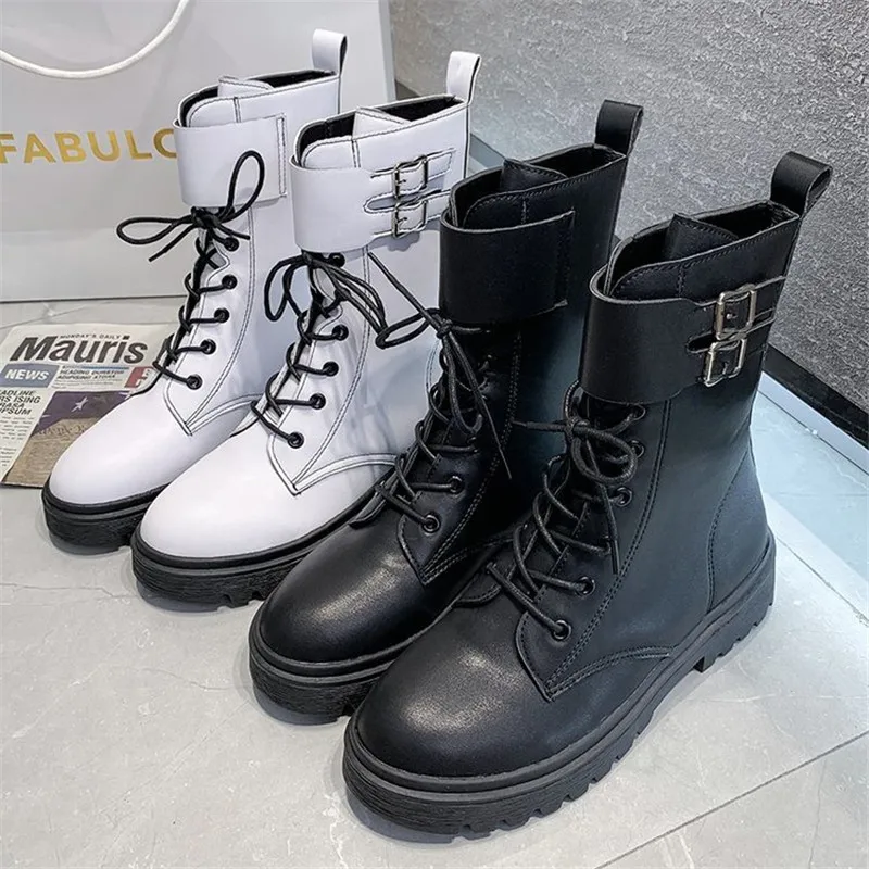 

2020 Autumn Winter Fashion High Quality Leather Boots Women Ankle Lace-Up Platform Shoes Woman metal Hasp Non-slip Boots
