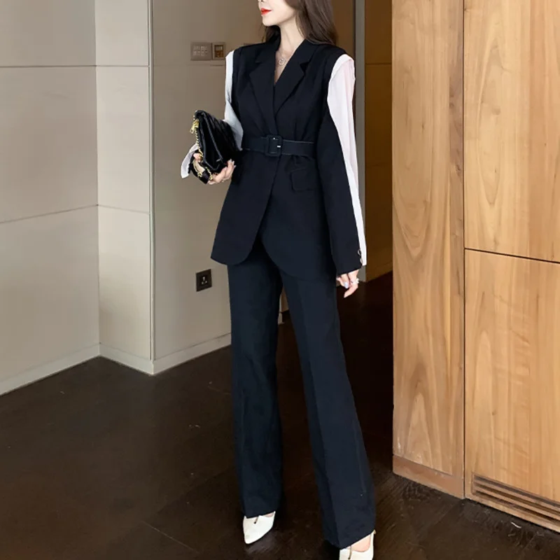

Korean OL Work Wear Pants Suits Patchwork Blazer Jacket Coat & High Waist Trousers Vintage Female Blazer Two Piece Set Women