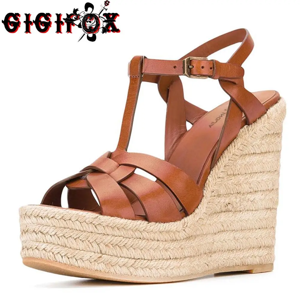 

Женские босоножки на массивной платформе GIGIFOX, черные или Коричневые босоножки на высоком каблуке, роскошные брендовые туфли на танкетке дл...