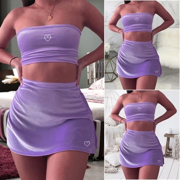 

Sexy Sleeveless Heart-shaped Hot Diamond Wrapped Chest High Waist Bag Hip Skirt Suit Women's Two-piece Set
