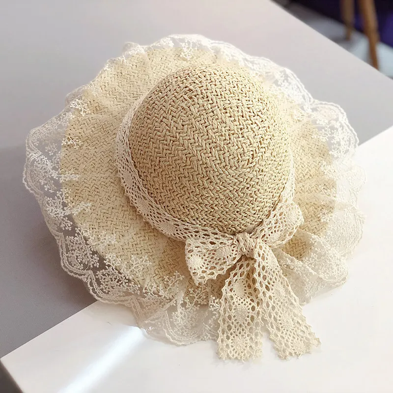 

New Spring Children's Hats Fashion Summer Lace Flowers Caps Breathable Straw Hat Elegant Sunhat Lovely Baby Bonnet sunshade Hat