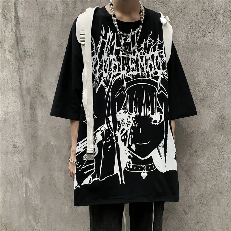 

QWEEK Gothic Dark Anime T-shirt Graphic T Shirt Streetwear Manga Vintage Japanese Harajuku Gothic Goth Tee Shirt Top 2021 Kpop