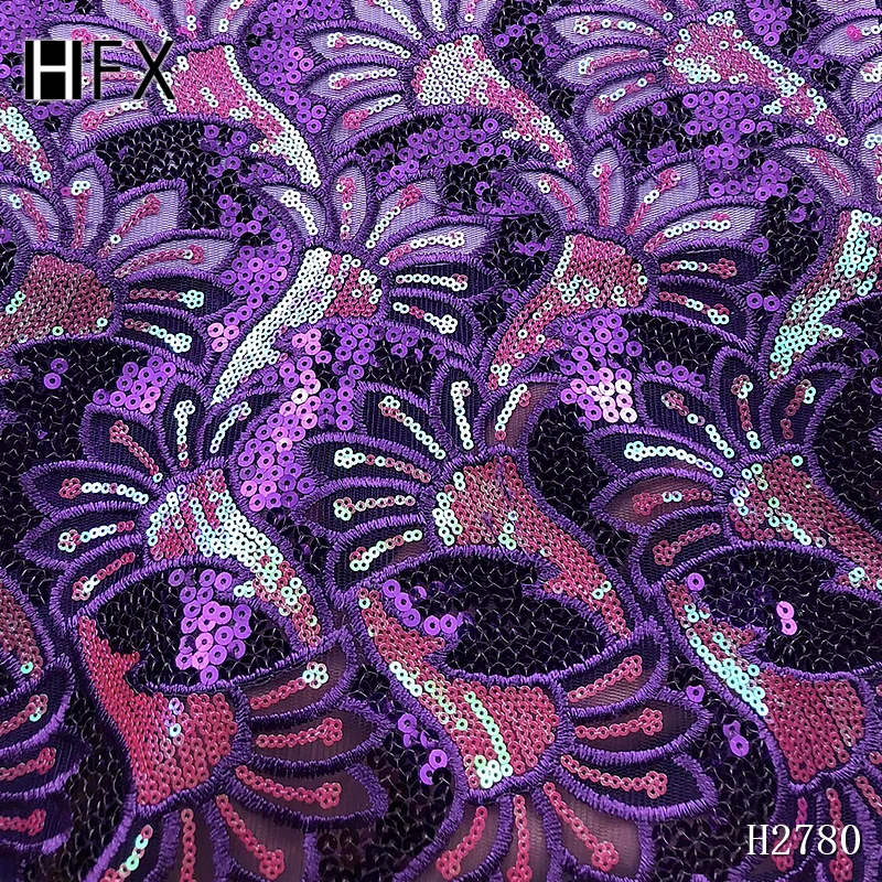

HFX african lace fabric high quality glitter embroidery french nigerian sequins lace fabric tulle lace with sequins fashion party dress